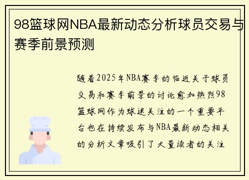 98篮球网NBA最新动态分析球员交易与赛季前景预测