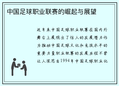 中国足球职业联赛的崛起与展望