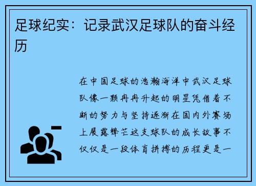 足球纪实：记录武汉足球队的奋斗经历