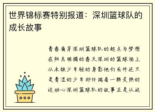 世界锦标赛特别报道：深圳篮球队的成长故事